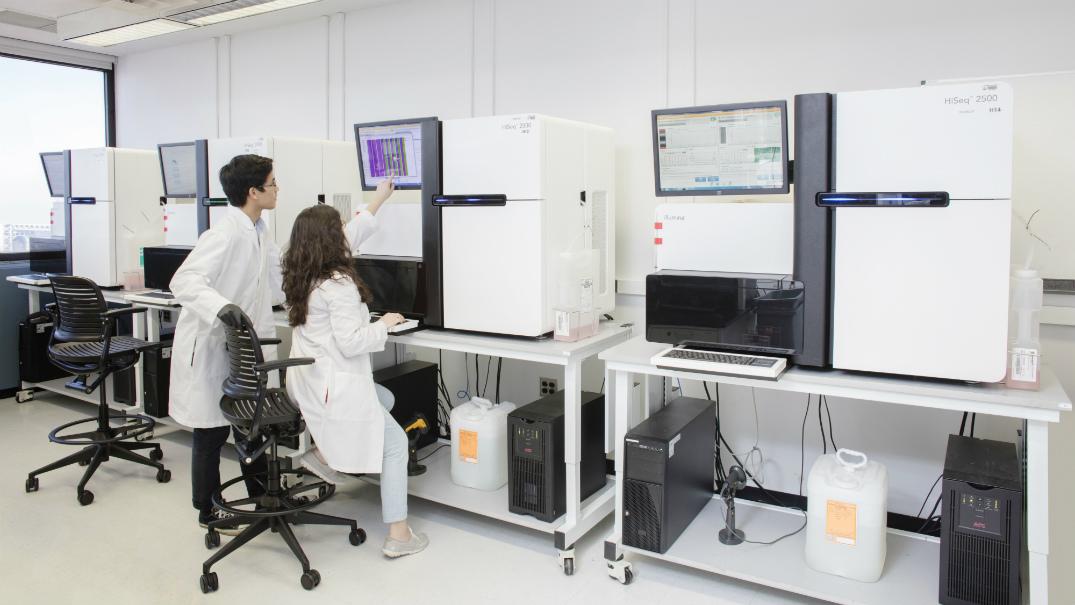 Researchers looking at a computer display